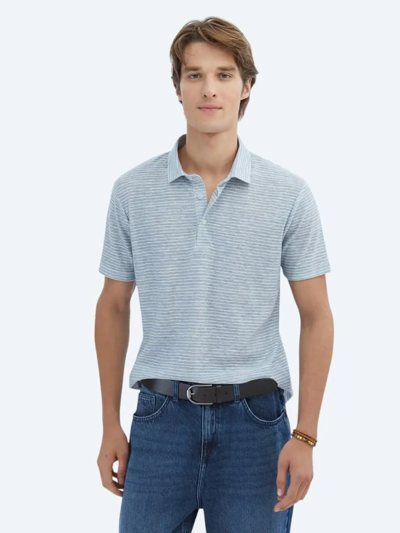 Kip Blue Printed Polo Neck Cotton Blended T-Shirt